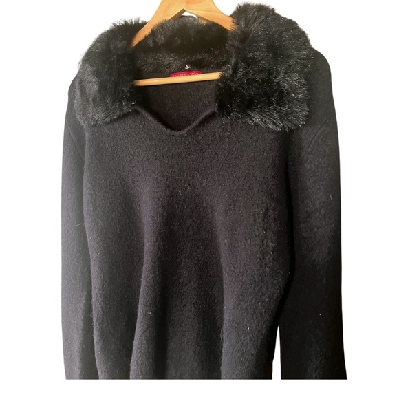 90s Y2K Black Wool Blend Sweater — Faux Fur Collar & Cuffs M L XL - Picture 3 of 8